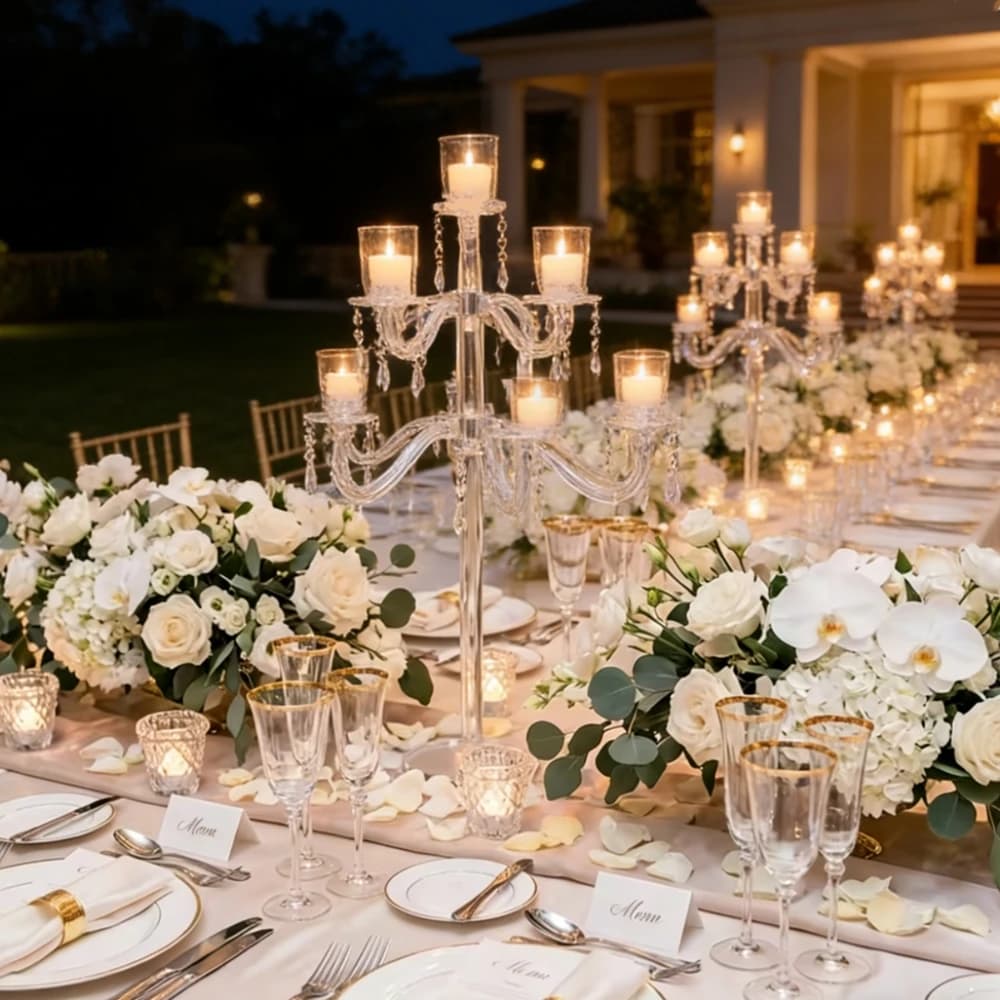 Set da 5/6/10 Pezzi Candelabri in Acrilico a 9 Bracci 100/110/120cm, Candelabri da Terra Trasparenti per Matrimoni, Portacandele per Centrotavola
