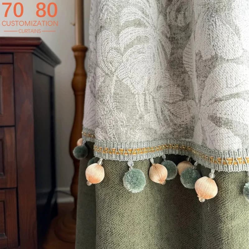 American Retro Grey Green Palm Leaf Thickened Chenille Jacquard Blackout Curtains for Living Room Bedroom Partition Curtains