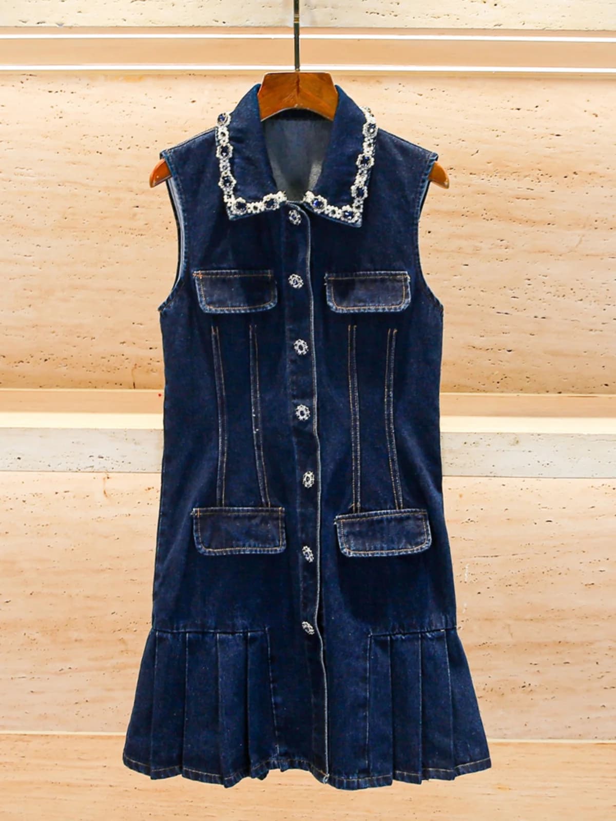 Abito Estivo da Donna di Alta Gamma, Gonna in Denim con Diamanti, Senza Maniche, Vita Alta, Linea A, Lunghezza Midi, Dettaglio Nodo