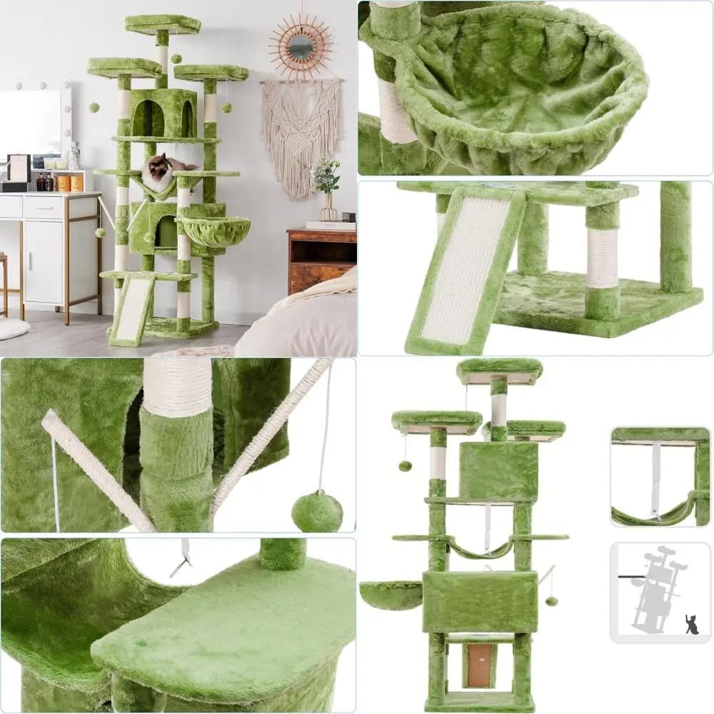 Albero per gatti da interno XL, 71 alti, con 3 posatoi imbottiti, grattaciugamani grande, cestino, 2 condimenti e pali, verde MPJ034GR