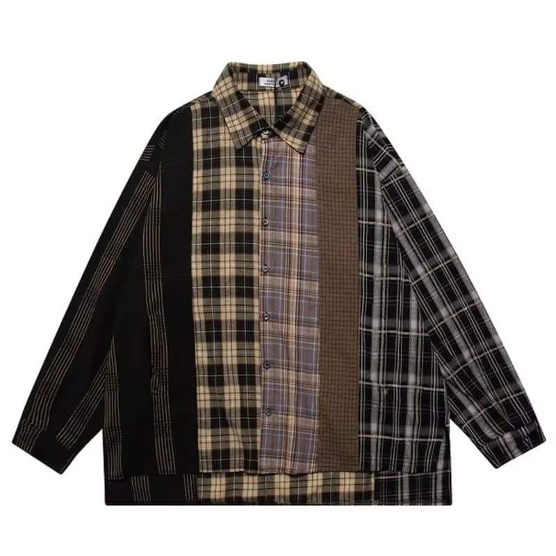 Men's Square Shirt Hip Hop Streetwear Patchwork Cotton Long Sleeved Shirt 2024 Wide Shirts Casual Vintage Harajuku Summer