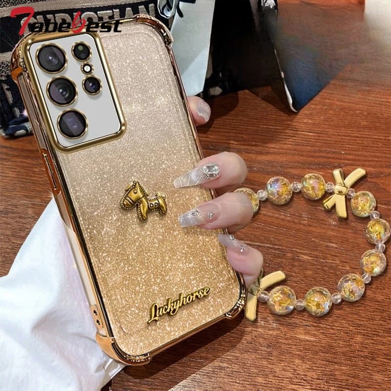 Custodia 3D con perline a forma di pony dorato per Samsung Galaxy S26 Edge S25 S24 S23 S22 S21 S20 FE Ultra Plus, Cover con glitter e placcatura