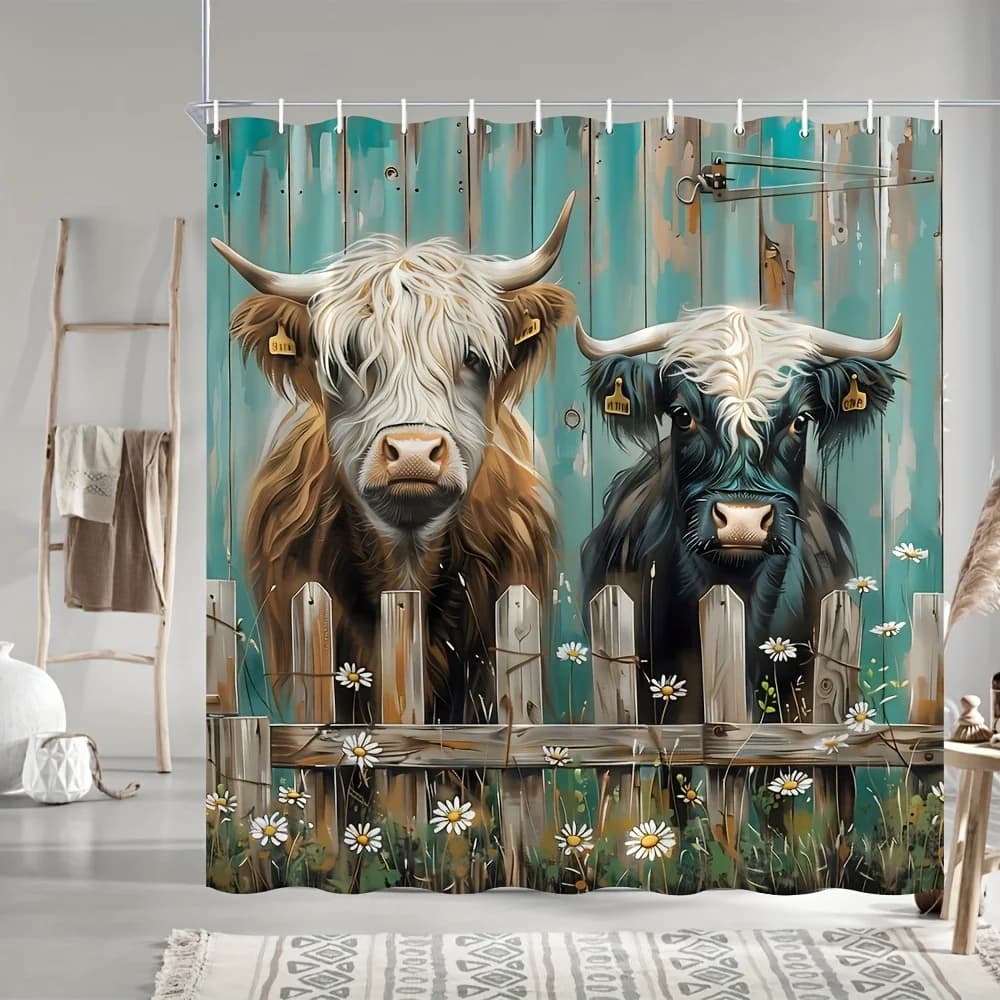 Tenda da doccia con fascino rurale - Mucche delle Highland appese al muro del soggiorno vicino alla recinzione, decorazione della camera da letto