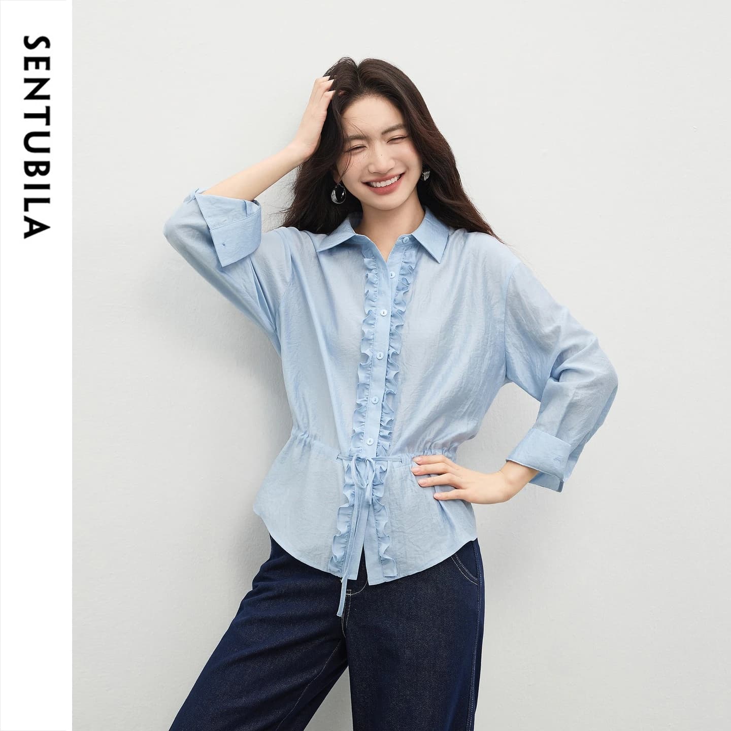 SENTUBILA Women Turn‑down Collar Ruffled Blouse Autumn 43% Acetate Fiber Waist‑tied Elegant Office Commute Daily Tops 161CA5943
