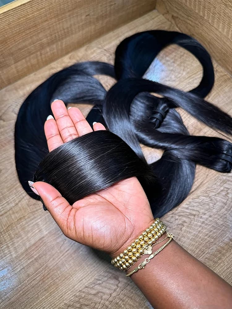 Extensioni di capelli umani indiani vergini lisci come seta, da 26, 28, 30 pollici, 3 o 4 fasci, da cucire, a intreccio rapido, per donna