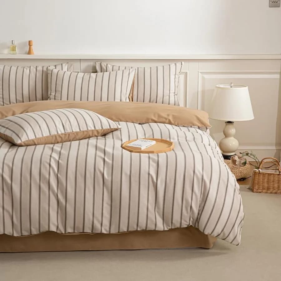 Set Copripiumino in Cotone Spazzolato Minimalista a Righe, Morbido e Caldo, Copripiumino Neutro per Autunno Inverno, 3 Pezzi