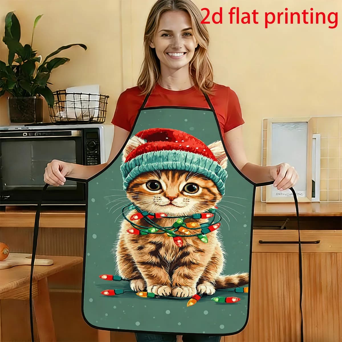 1pc 2D Flat Retro Cartoon Style Christmas Hat String Lights Cat Pattern Printed Apron Durable And Easy To Clean Adjustable Waist