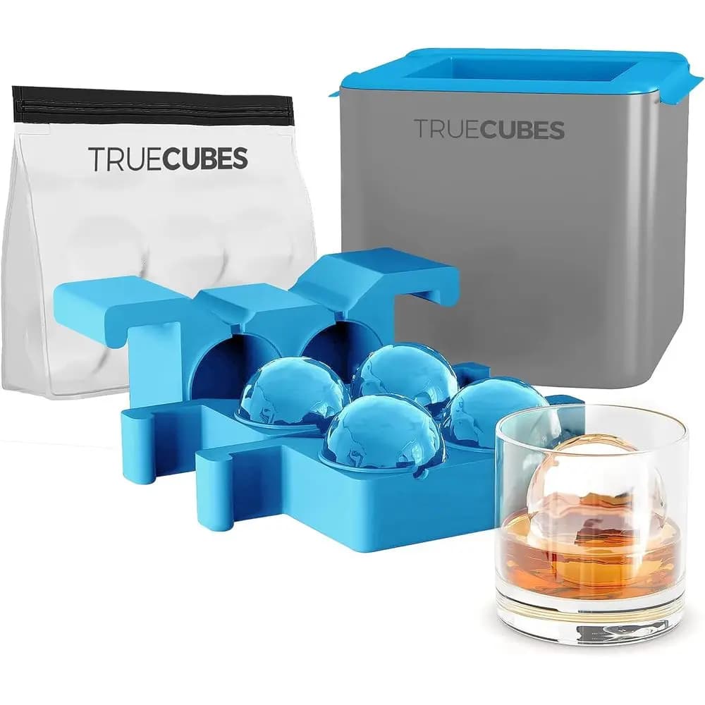 Stampo per Sfere di Ghiaccio Grandi con Contenitore - 4 Sfere per Whisky, Cocktail e Bevande - Silicone Impilabile, Ghiaccio a Lento Scioglimento