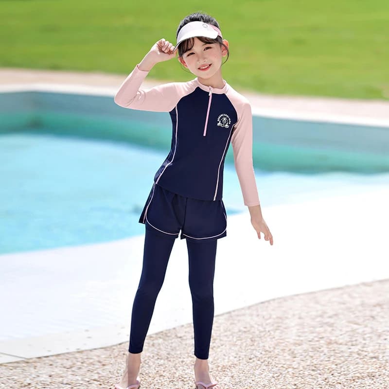 Kids Girls Two Piece Burkini Swimsuit Long Sleeve Sun Protection Swimwear with Shorts and Leggings Muslim Swimming Suit Bathing