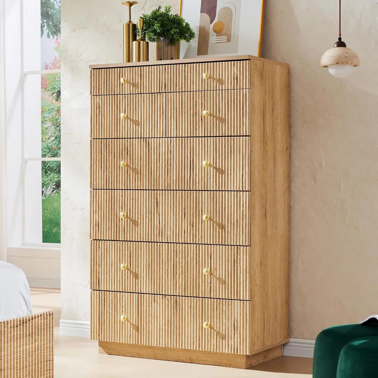 Fluted 7-Drawer Dresser 45" Tall Modern Chest Metal Handle Wooden Storage Organizer Bedroom Living Room Hallway, Customized