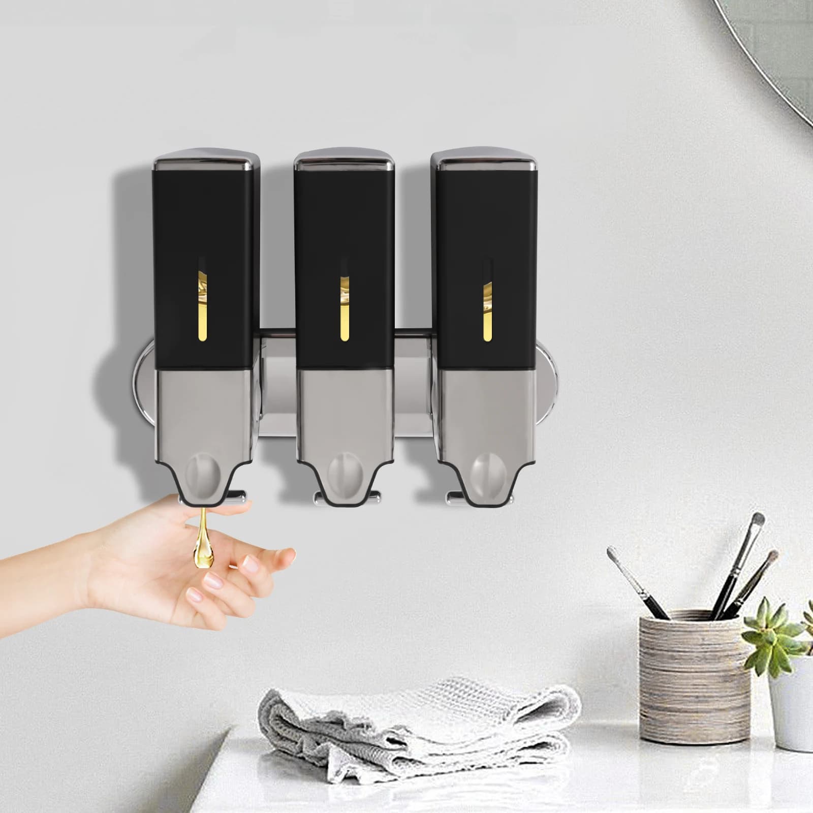 Dispenser 3 in 1 per Shampoo e Sapone, Erogatore Triplo da Parete per Doccia, Dispenser Manuale per Shampoo e Balsamo per Casa