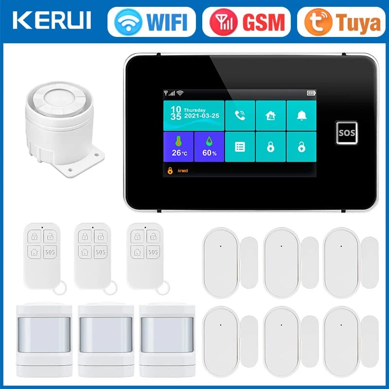 KERUI G60B WIFI Sistema di allarme GSM Pannello touch screen da 4,3 pollici Tuya Allarme domestico intelligente con display dell'umidità della temperatura per la casa