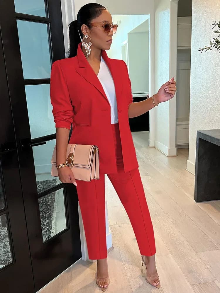 Chic Elegant Workwear Two Piece Set for Women Single Button Blazer Coat and Pencil Pants Suit Office Lady Matching Sets Uniform