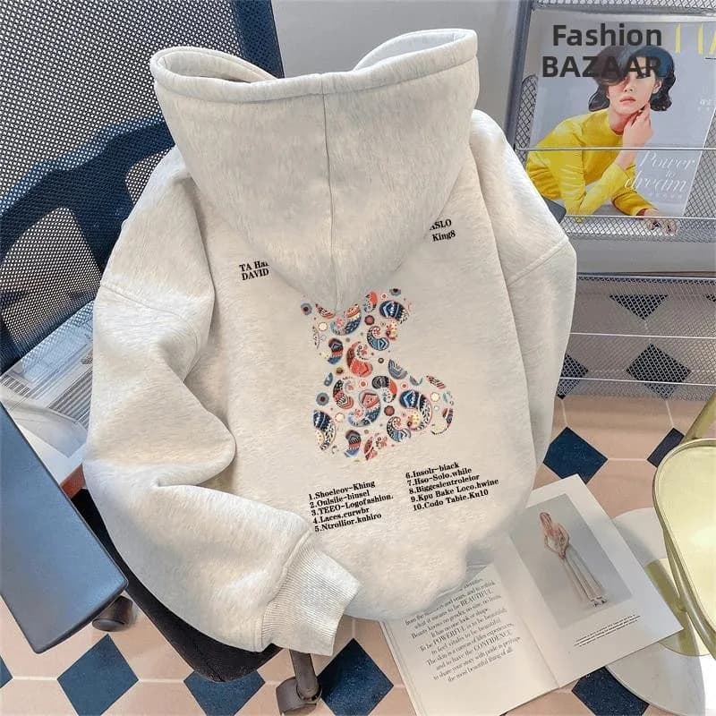 Loose Fit Cartoon Bear Print Hoodie Jacket Autumn Outerwear Casual Youthful Style All-Match Waist Design Heavyweight