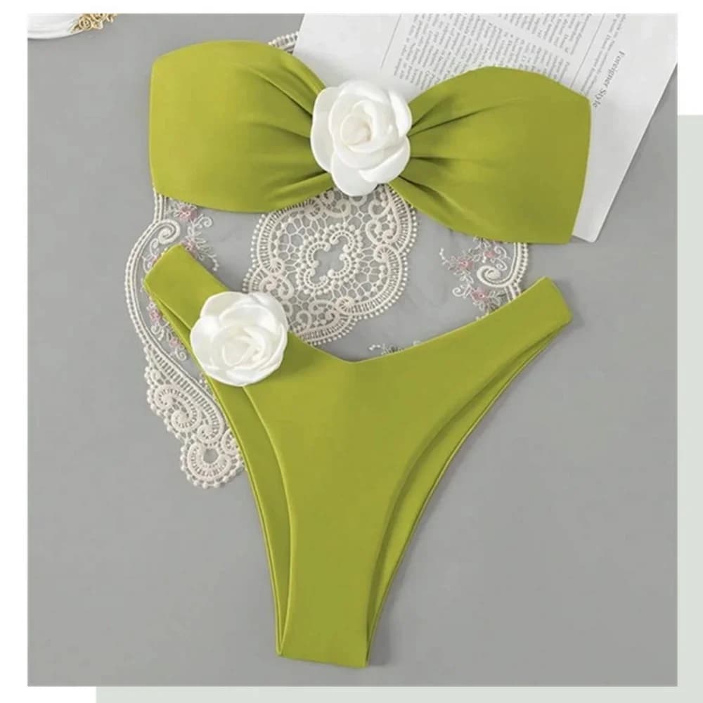 Fiori Bikini Perizoma Costume da bagno a fascia Fasciatura Costumi da bagno senza schienale Push Up Costume da bagno Costume da bagno Donna Beach Biquini Vacanza Outfit