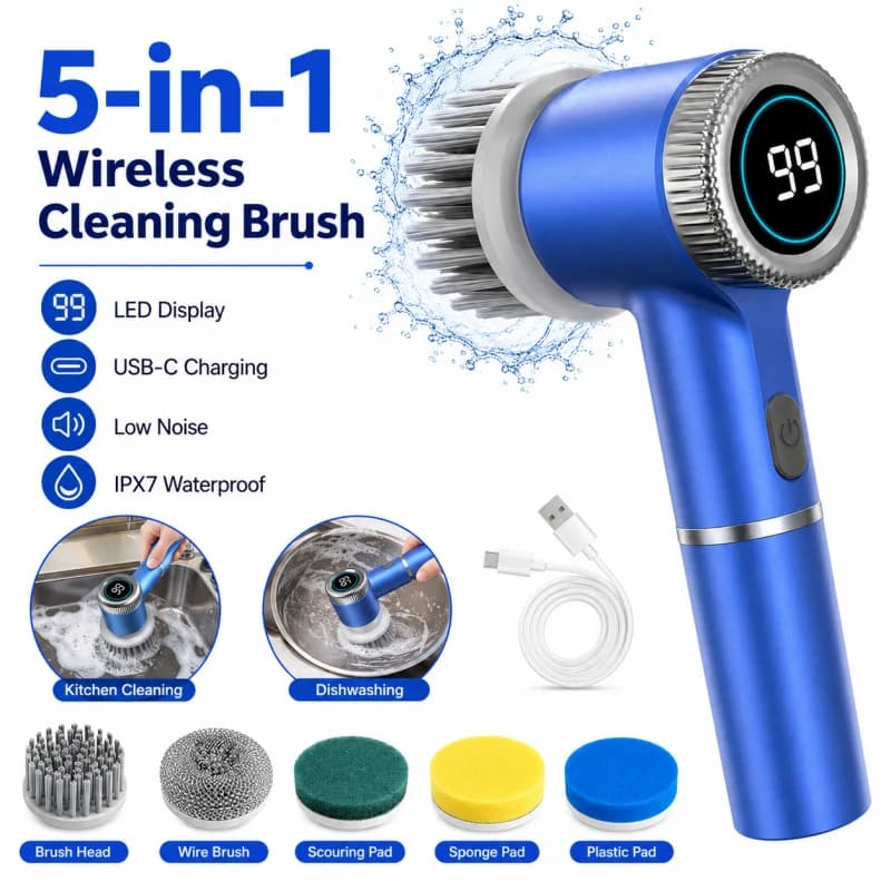 Spazzola Elettrica Senza Fili per Pulizia, Impermeabile IPX7, Ricaricabile USB, Potente Scrubber Automatico Multifunzione per Uso Domestico