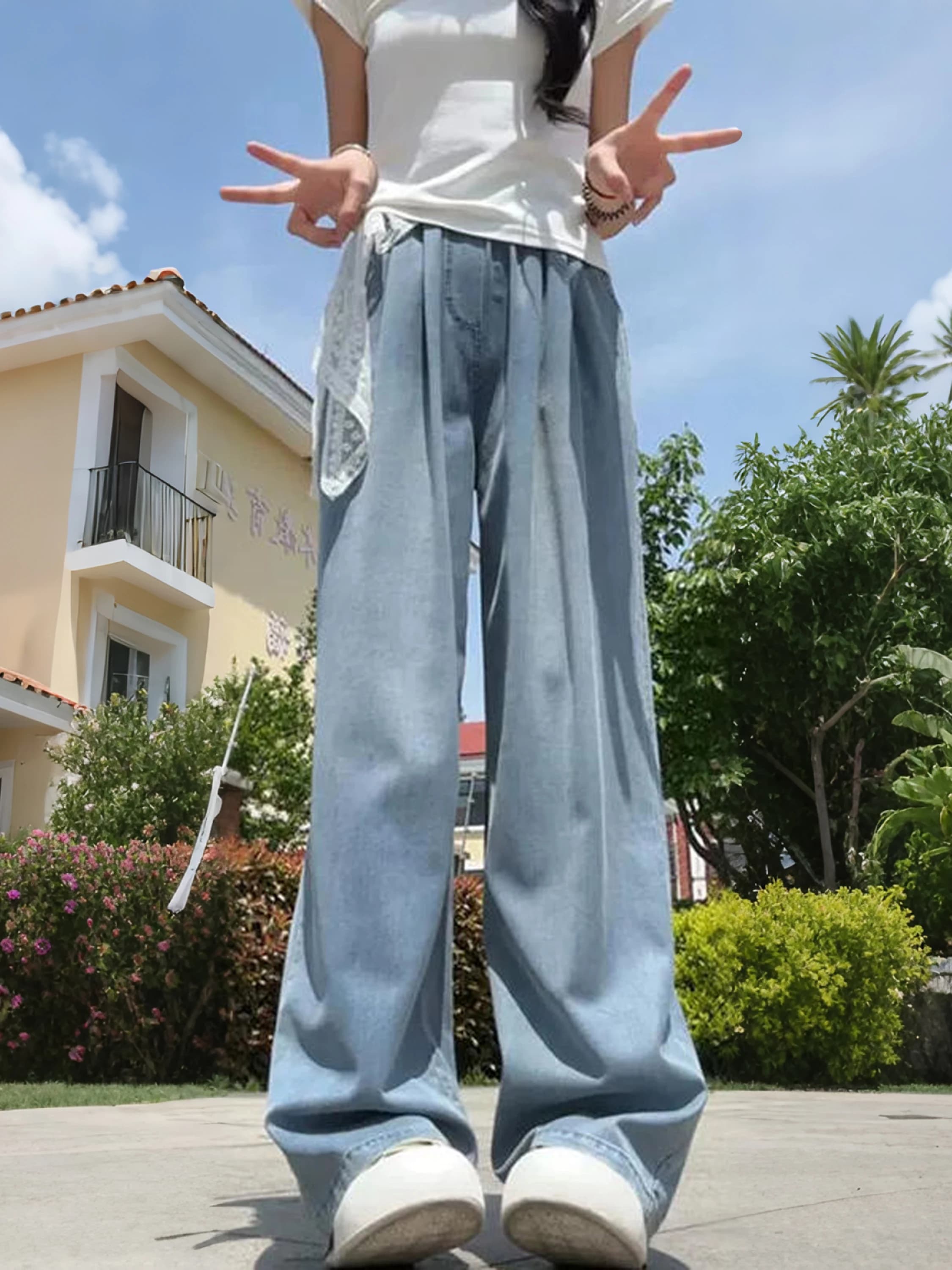 Lacele Summer Women's Jeans High Waist Wide Leg Pants Draped Thin Loose Fit Floor Length Casual Comfortable Jeans