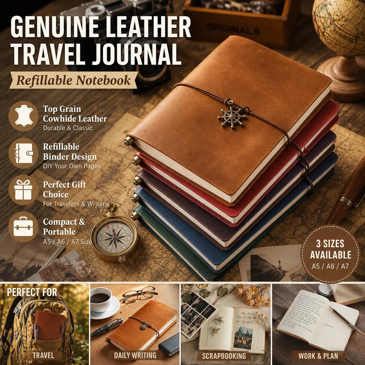 Fromthenon Handmade Top Layer Cowhide Notebook Vintage Retro Leather Travel Diary Loose-leaf Journal for Writers & Artists