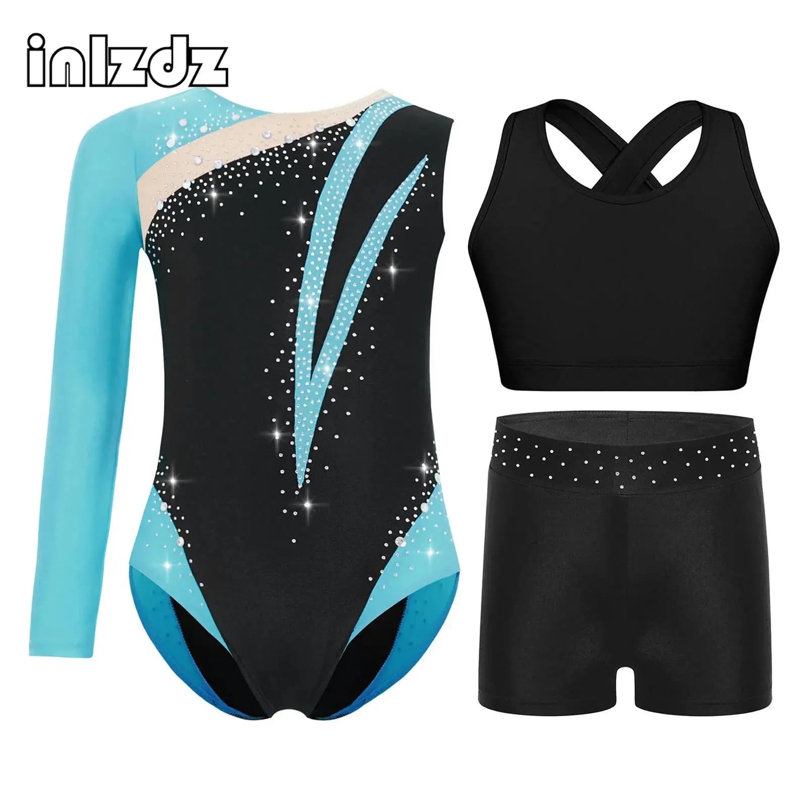 Bambini Ragazze Acrobazie Ginnastica Danza Figura Pattinaggio su ghiaccio Vestito Strass scintillanti Set di abbigliamento da ballo per spettacoli teatrali