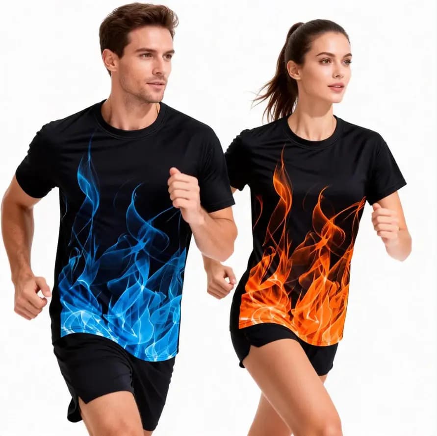 T-shirt estiva 2026 in seta ghiaccio a maniche corte, maglia sportiva traspirante con stampa fiamma per attività all'aperto, girocollo, unisex