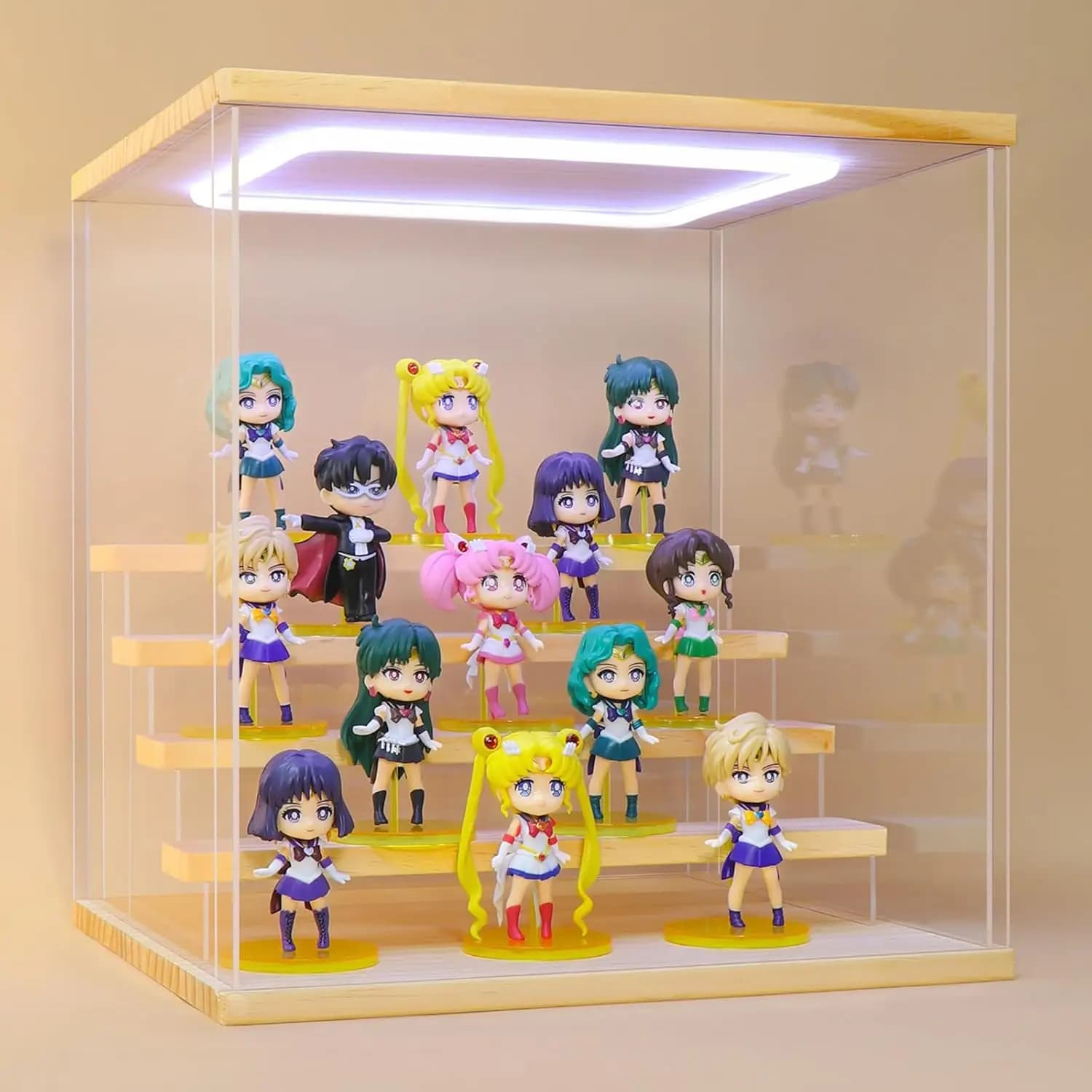 Vetrina Espositiva in Acrilico a 5 Livelli con Luce LED e Base in Legno, Organizzatore Antipolvere per Action Figure e Oggetti da Collezione