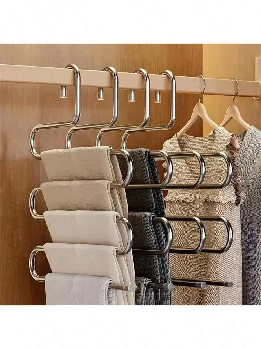 Appendiabiti a 5 livelli in acciaio inossidabile - a forma di S, antiscivolo, salvaspazio, organizer multistrato per jeans e pantaloni, superficie lucida, soluzione per l'organizzazione dell'armadio, organizzazione ordinata dell'armadio, accessorio per armadio, appendiabiti a forma di S, struttura, appendiabiti