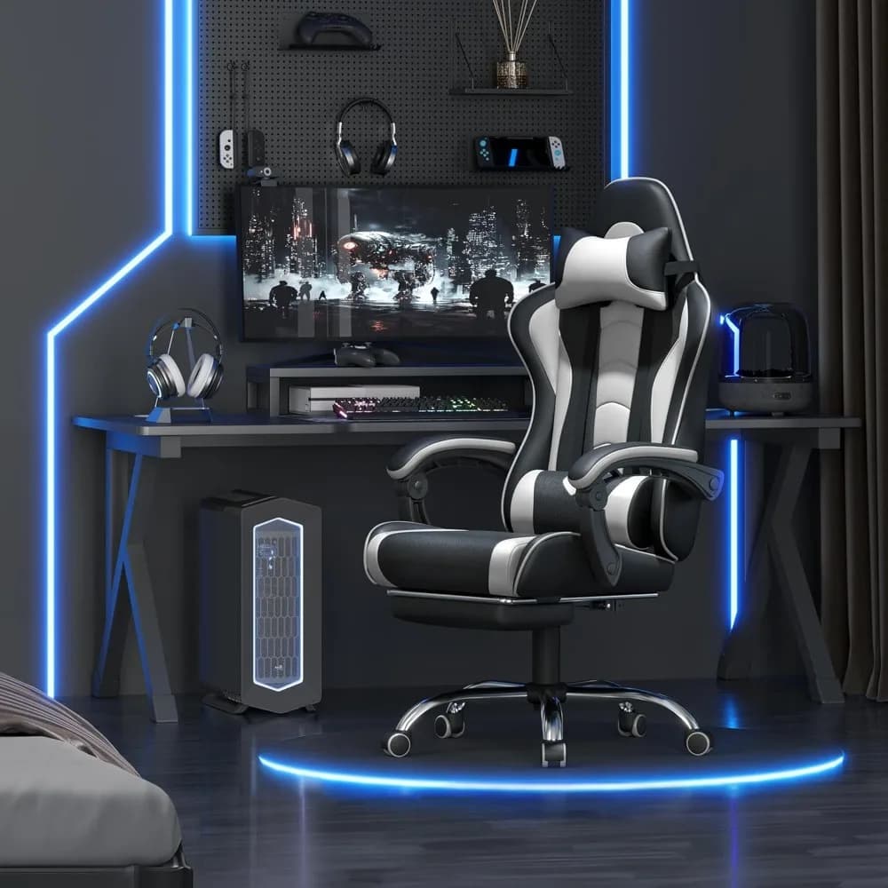 Sedia da gioco ergonomica personalizzabile con sedile girevole e poggiatesta, sedia per videogiochi regolabile con supporto lombare per massaggio