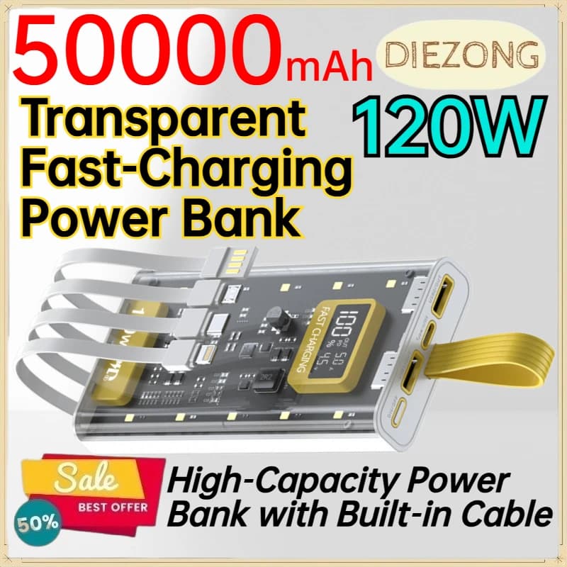 50000mAh 120W Transparent Fast‑Charging Power Bank for IPhone Tablet High‑Capacity Power Bank with Built‑in Cable