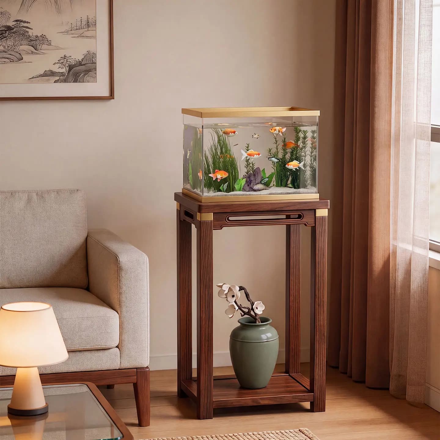 HYS Solid wood flower table Chinese flower rack Living room floor-to-ceiling double-layer shelf Green plant flower pot placement