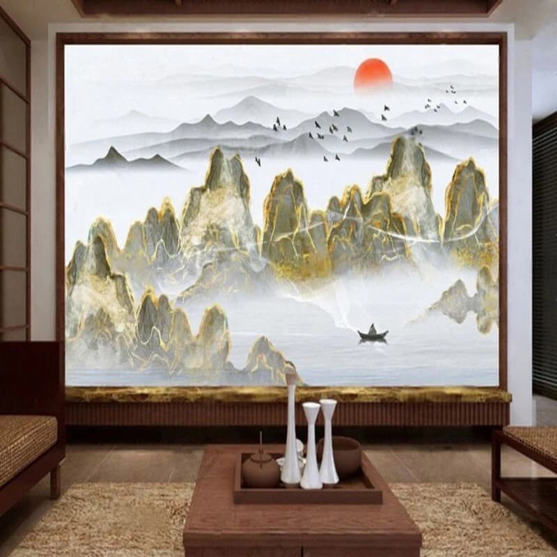 Chinese-Style Gilded Artistic Landscape Abstract And Grand Natural Scenery Pattern For Living Room Exhibition Wall Painting
