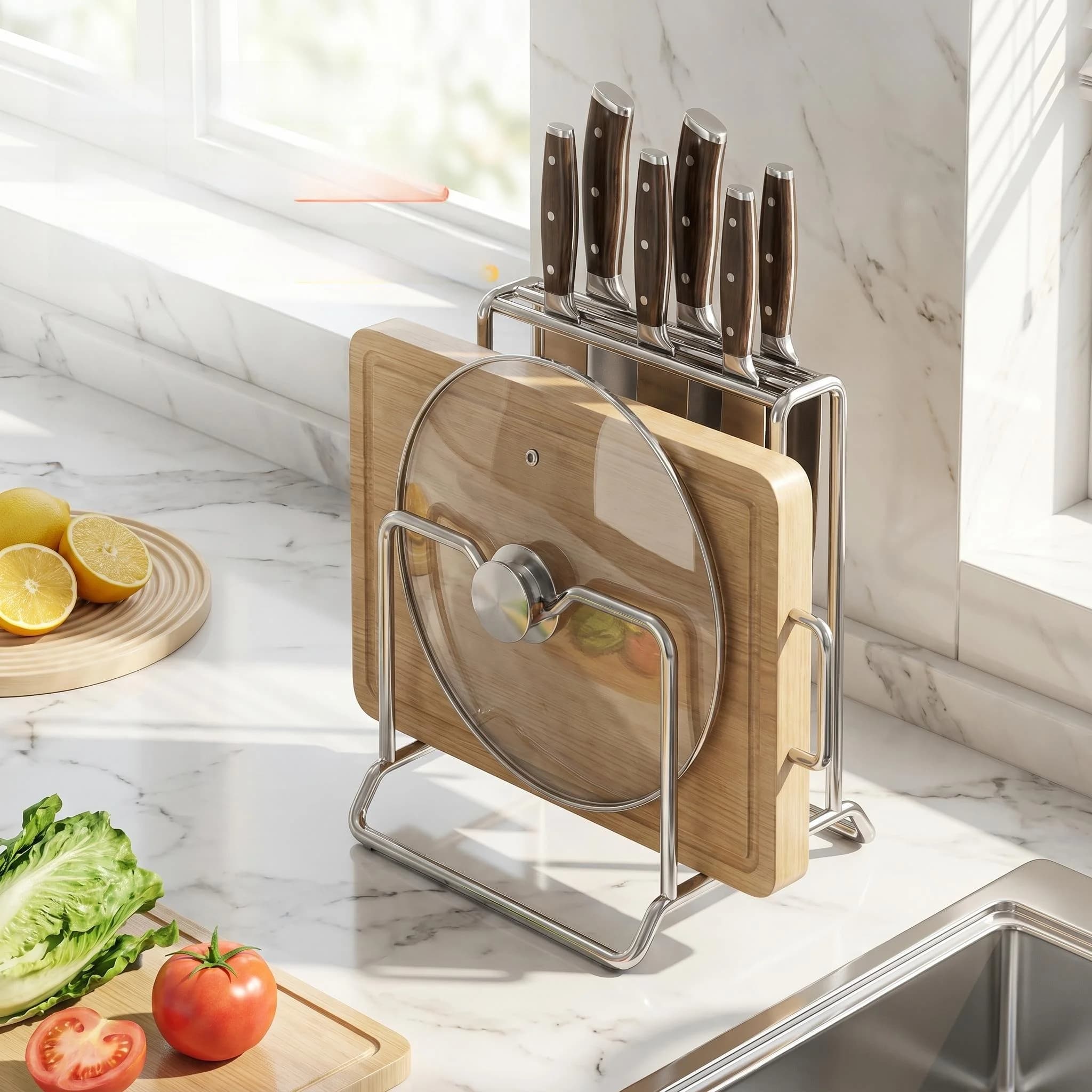 Stainless Steel Kitchen Multi-Function Storage Rack Cutting Board Holder Pot Lid Knife Stand Countertop Style Organizer