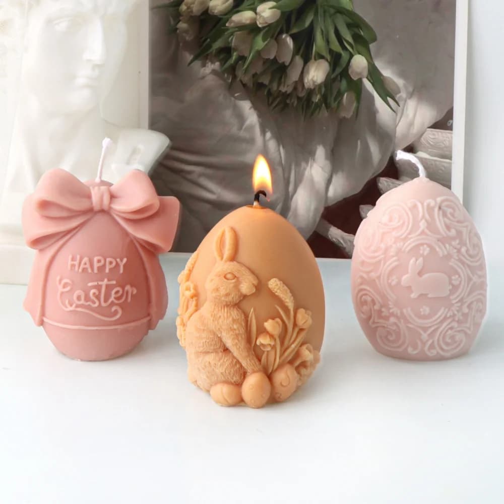 Easter Egg Rabbit Silicone Candle Print Oval Aroma Flavour Kit For Making Craft Resin Tools DIY Rabbits Embossed Rabbits Floral Design Egg Decoration