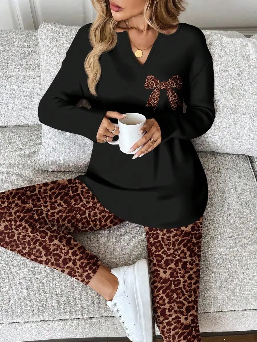 EMERY ROSE 2pcs/Set Plus Size Women Casual Leopard Bow Decor Long Sleeve T-Shirt And Leggings Set, Autumn/Winter