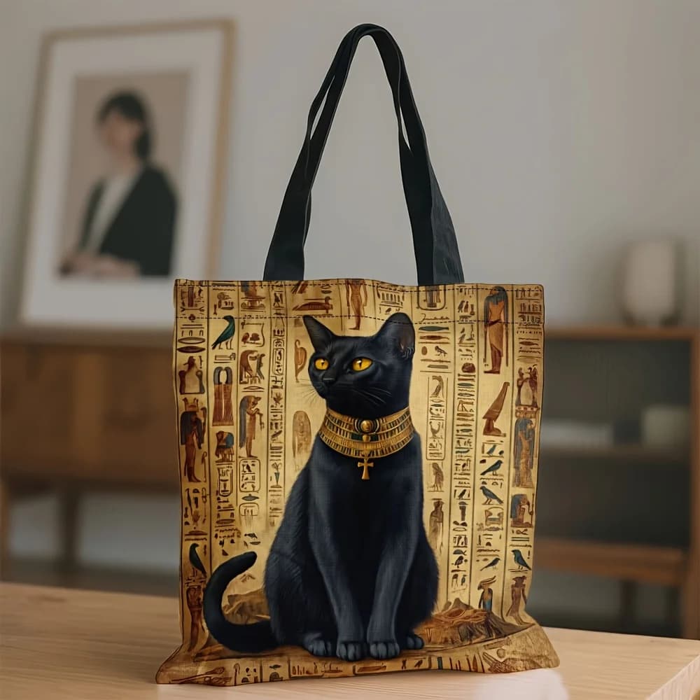 1pc Women'S Black Cat Tote Bag - Cute Cat Face And Tabby Design, Everyday Shopping Bag- Practical Women'S Shopping Bag