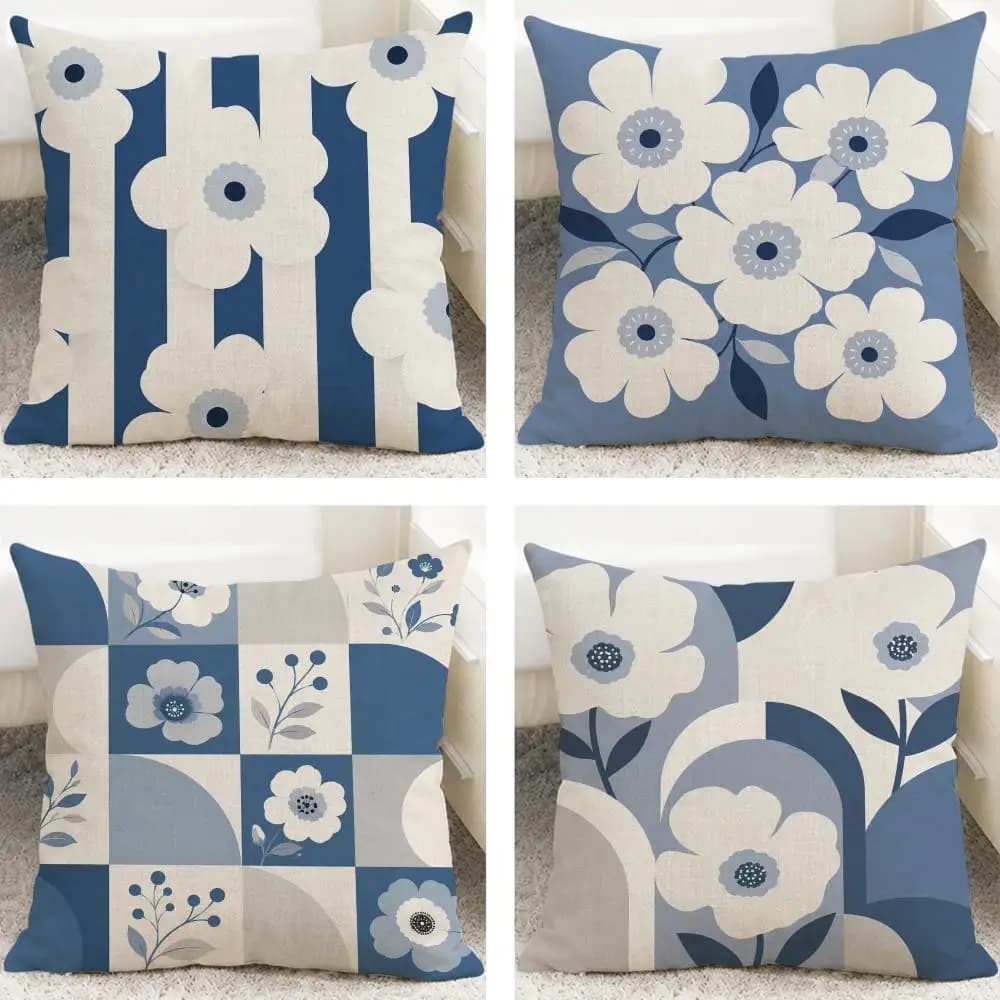 Pattern Nordic Blue White Floral Cushion Cover Cushion Covers Natural Linen Breathable Sofa Bedroom Decor Pillowcase