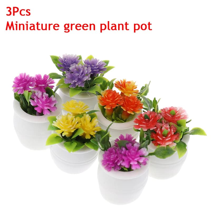 Mini simulazione di una casa delle bambole da 3 pezzi con piante floreali colorate e modelli in miniatura di piante in vaso per la decorazione del paesaggio