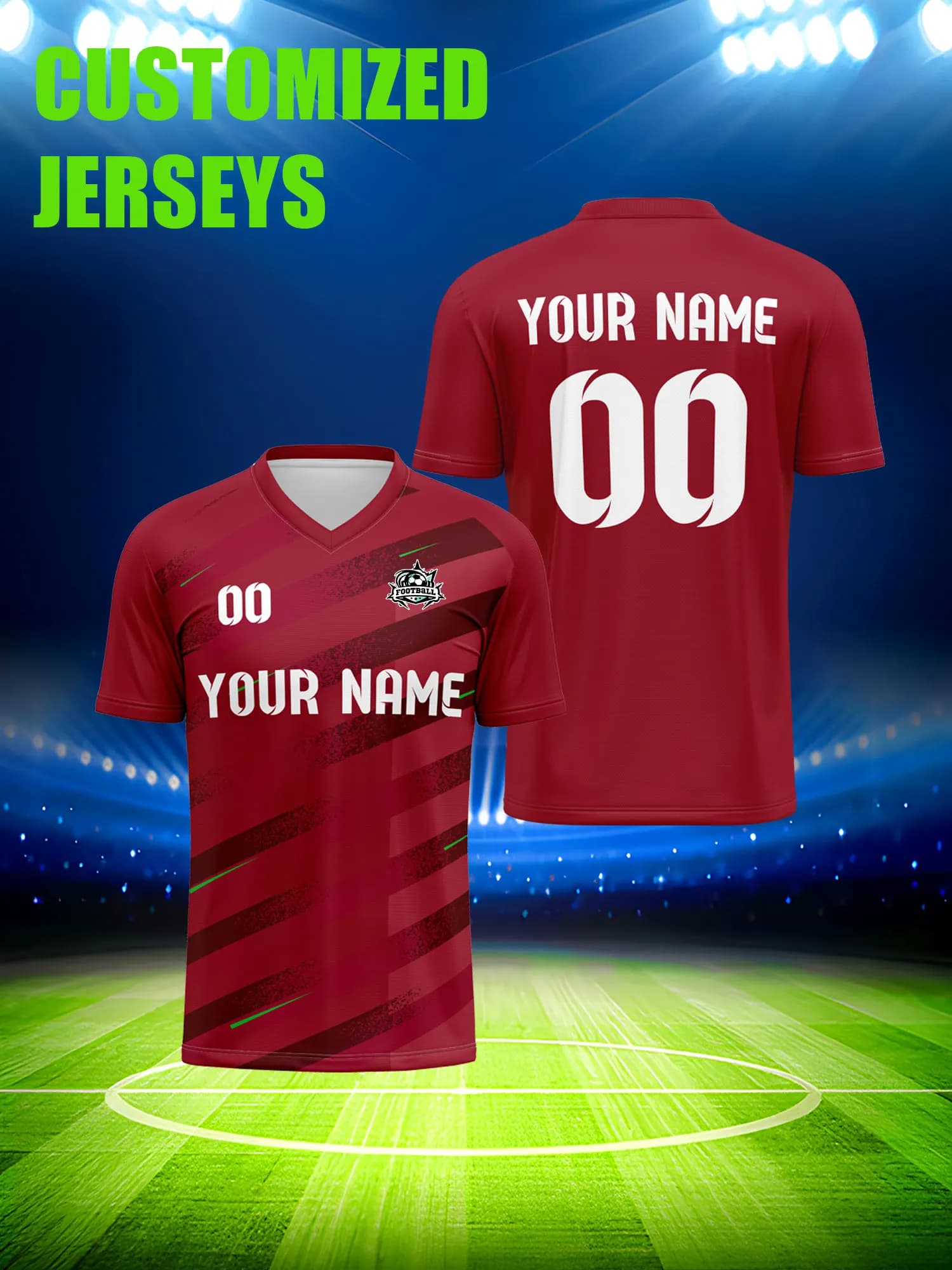 Customized football jersey with image, number and custom name, fashionable and trendy football clothing.