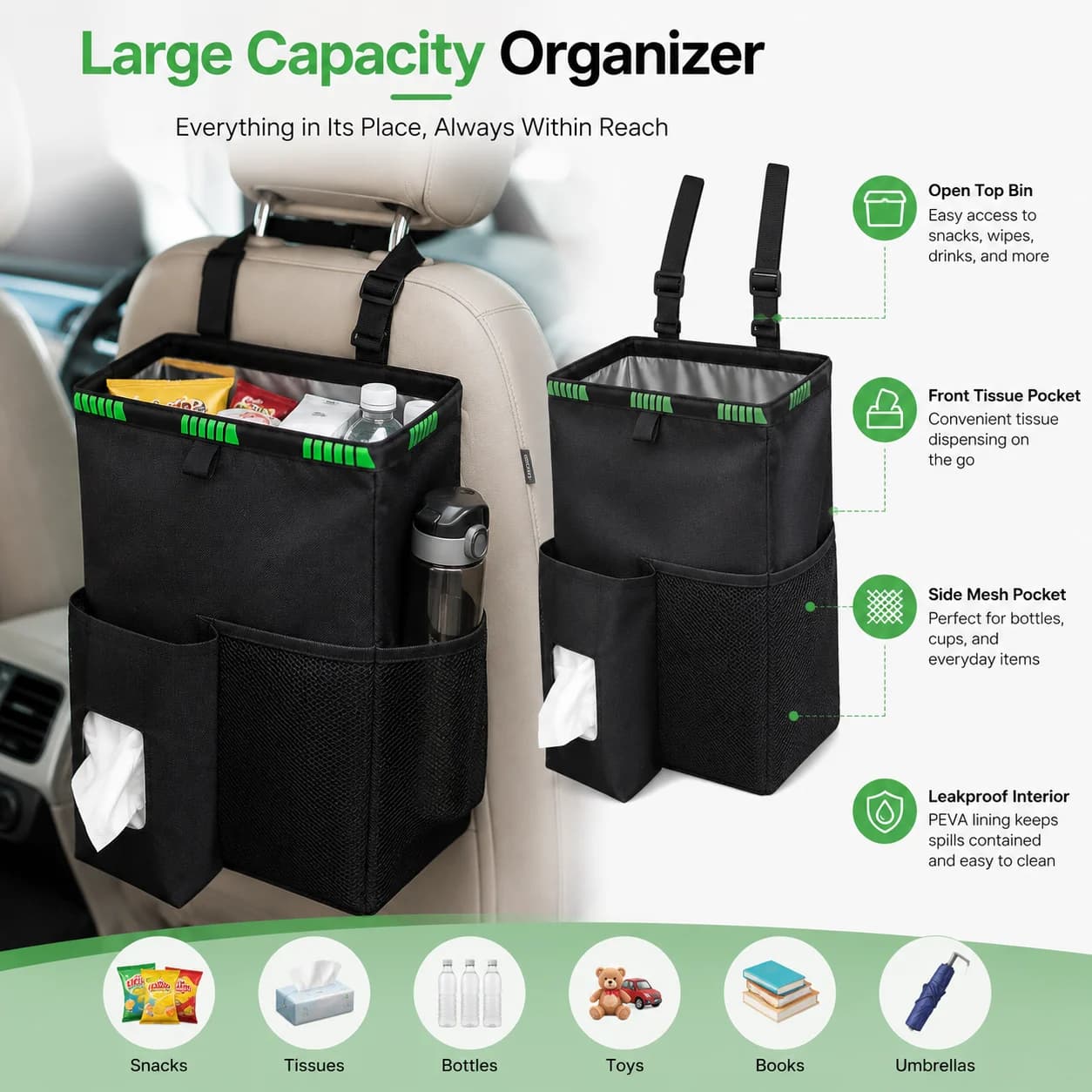 Foldable Car Trash Can Organizer, Leakproof Hanging Back Seat Storage Bin with Tissue and Mesh Pockets