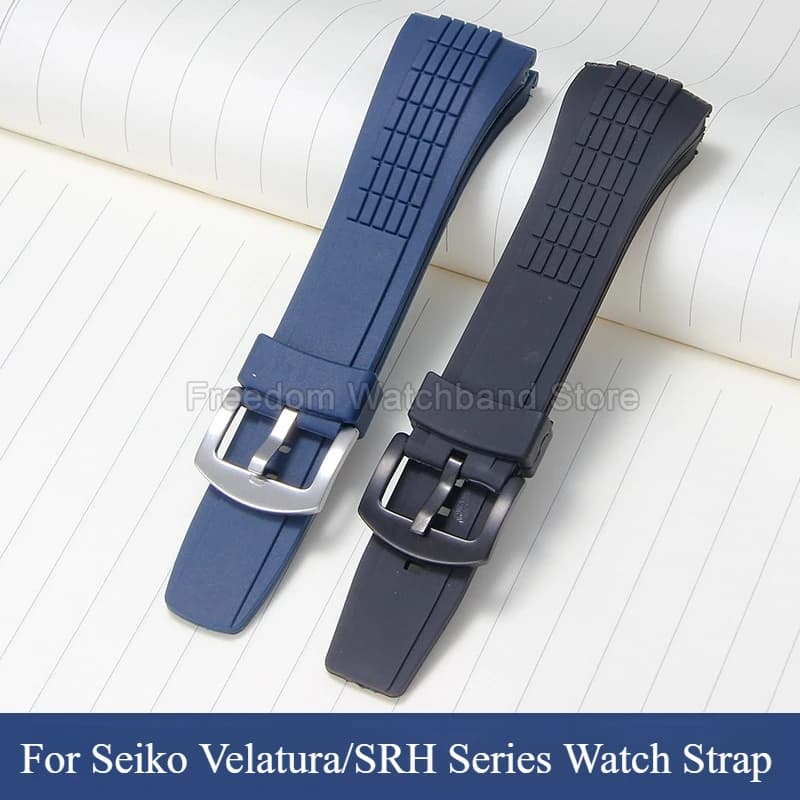 For Seiko VELATURA/SRH Blue Silicone Watch Strap Needle Buckle Flat Interface Slender Grid Protrusions Soft Anti-Slip Flexible