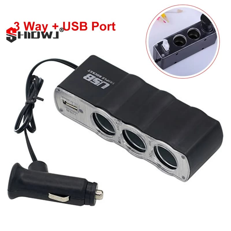 Universal Splitter for car cigarette lighter Multi 3-way socket + USB port Adapter for DC charger 12V