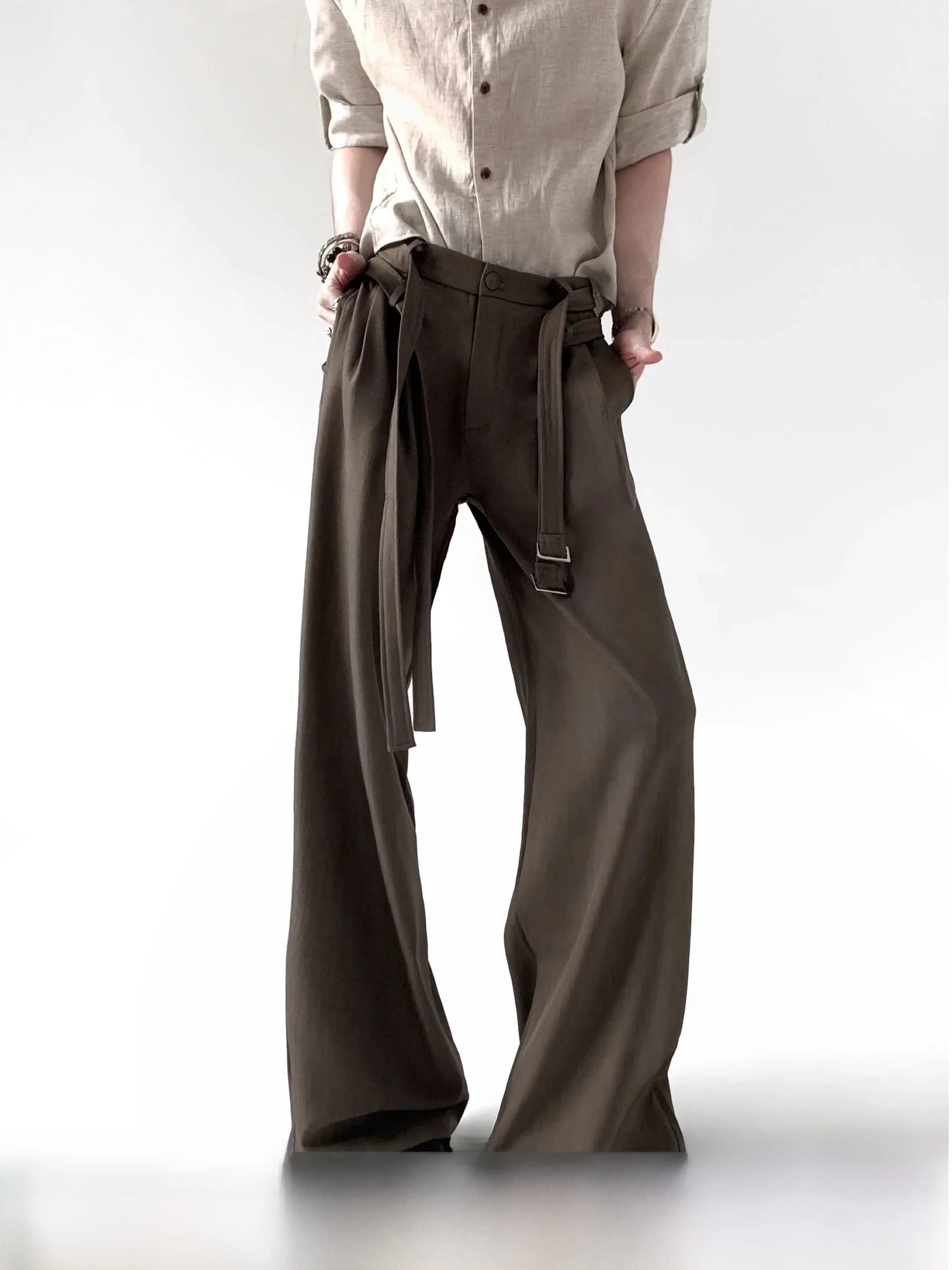 Loose Swordsmanship Style Men's Pants High Waist Straight Leg Casual Trousers with Belt Old Money Fashion Loose Fit