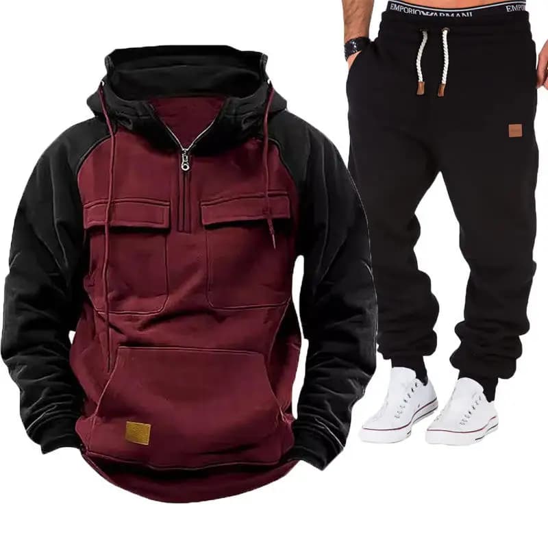 Completo Sportivo Casual da Uomo con Felpa e Pantaloni a Blocchi di Colore, Maniche Lunghe, Autunno Inverno, Due Pezzi, Comodo e Traspirante