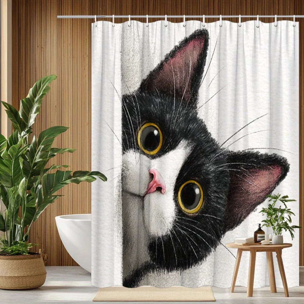 1pc Black and White Cat Shower Curtain Curious Cat with Yellow Eyes Behind White Wall Illustration Design Modern Print Fashion H
