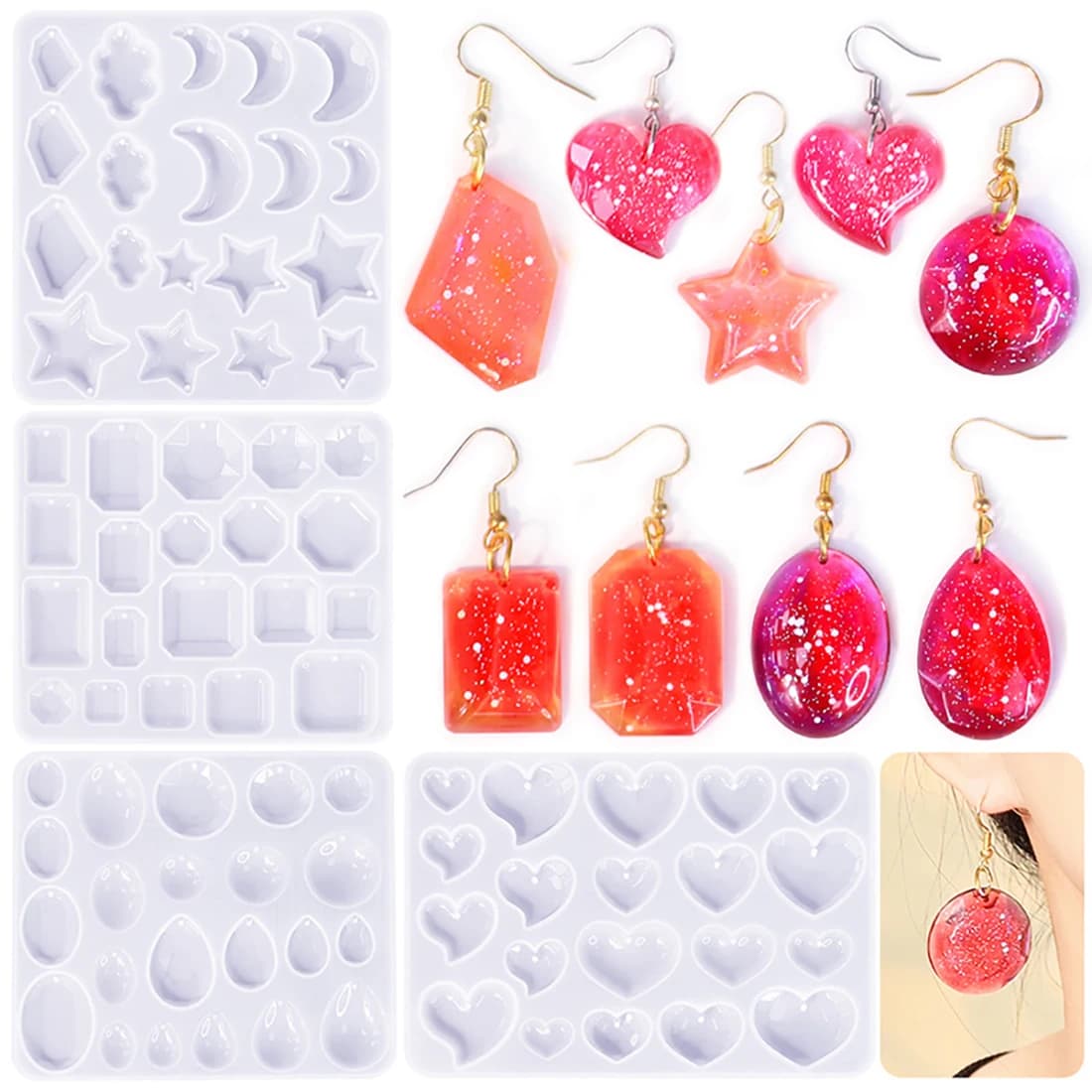 Cabochon Gemma Gioielli Stampo in silicone Ovale a goccia Quadrato Cuore Stelle Forme Orecchini pendenti in resina epossidica Creazione di fusione Artigianato fai-da-te