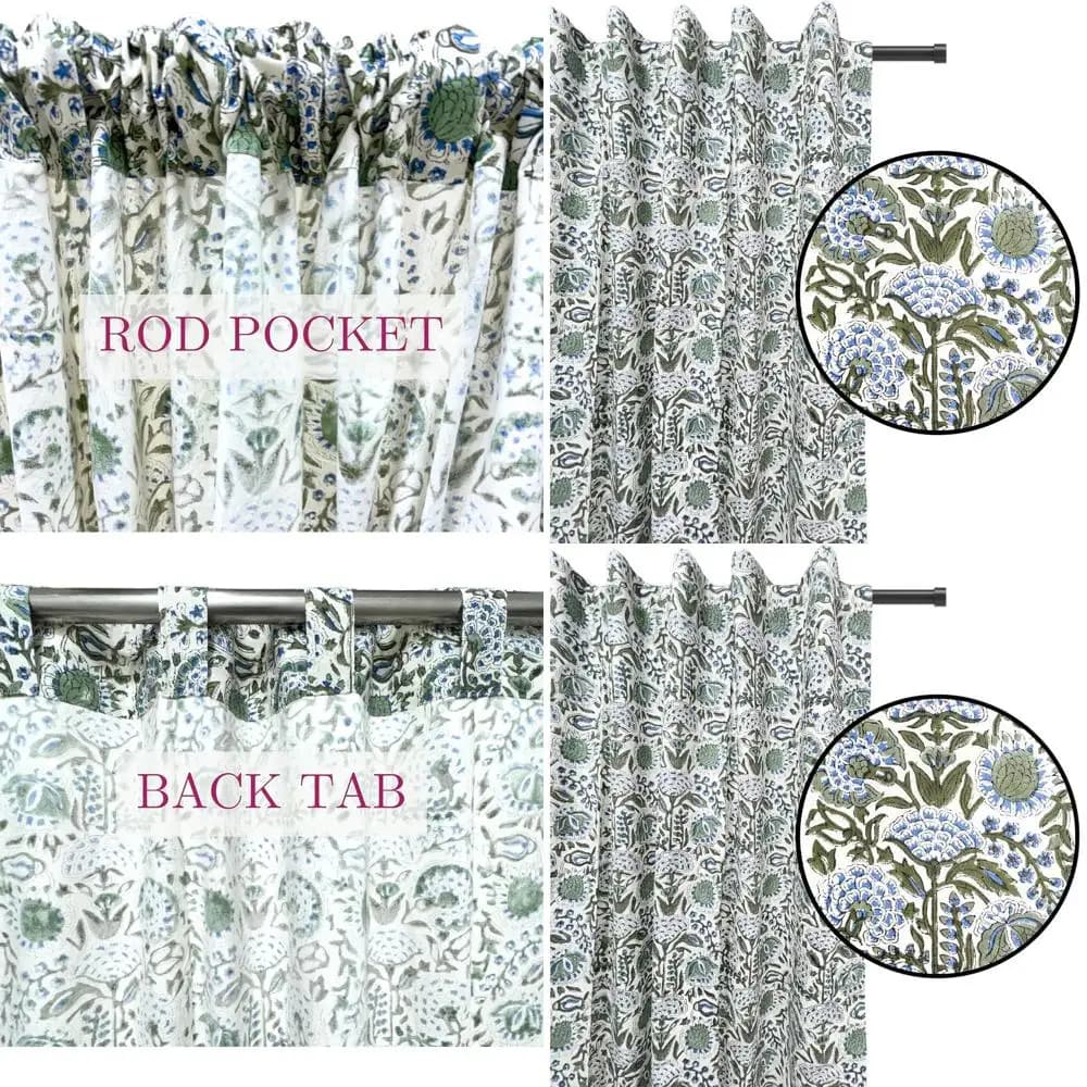 Curtains with cotton block printing, rod pocket and ring for easy suspension, light filtering, Boho style, 60x96, clover blue, set of 1