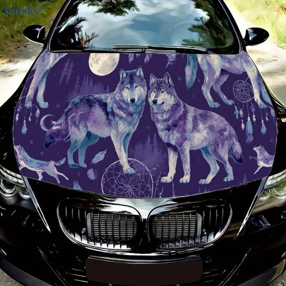 Purple Wolf Pack and Dreamcatcher Car Hood Sticker, Personalized & Trendy Auto Art Decal, Self-adhesive Waterproof Car Exterior
