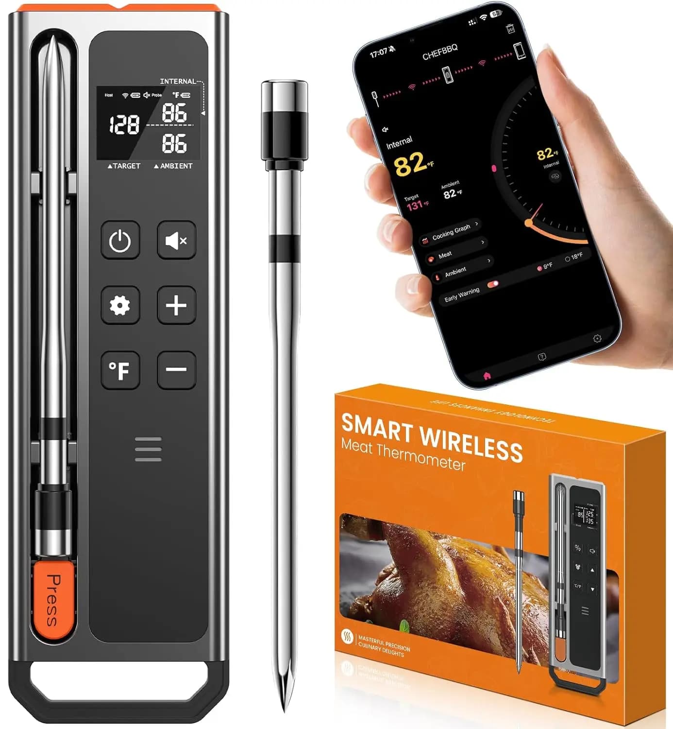 Termometro Digitale Wireless per Carne con Bluetooth 5.3 per Controllo Stabile a 800ft tramite APP (iOS e Android), Ricarica in 10 Minuti per 24 Ore di Utilizzo, Sonda per Carne