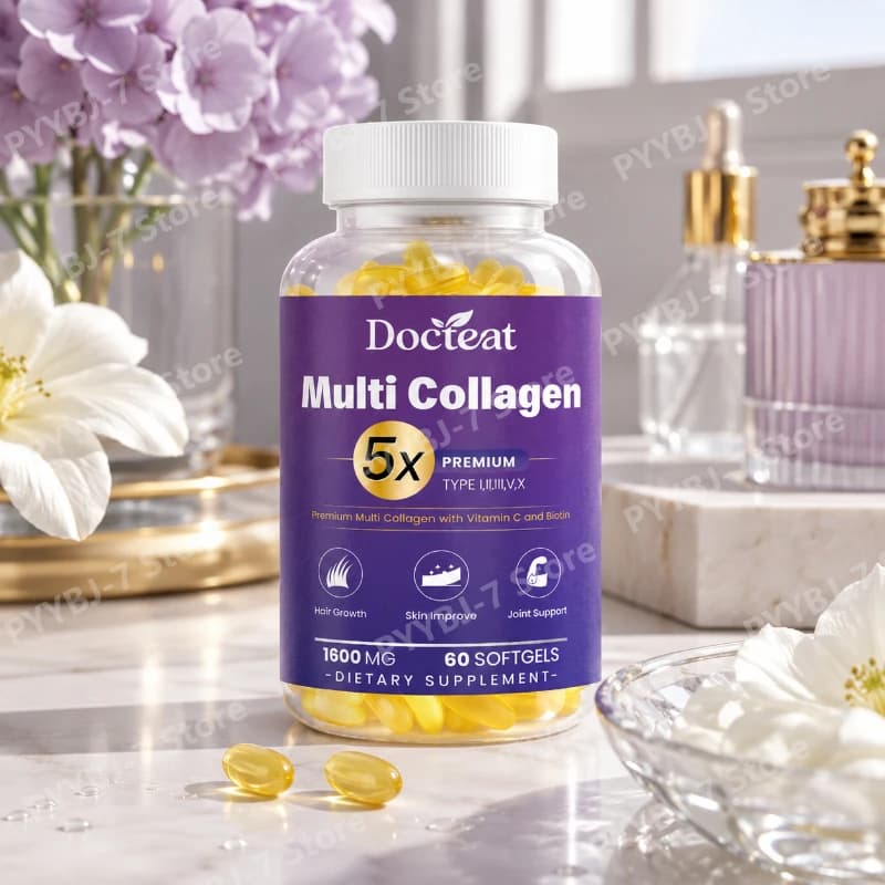 Docteat 5X Multi Collagene 1600mg - 60 Softgel per la Salute di Capelli, Pelle e Articolazioni con Vitamina C e Biotina Integratori per la Salute Quotidiana