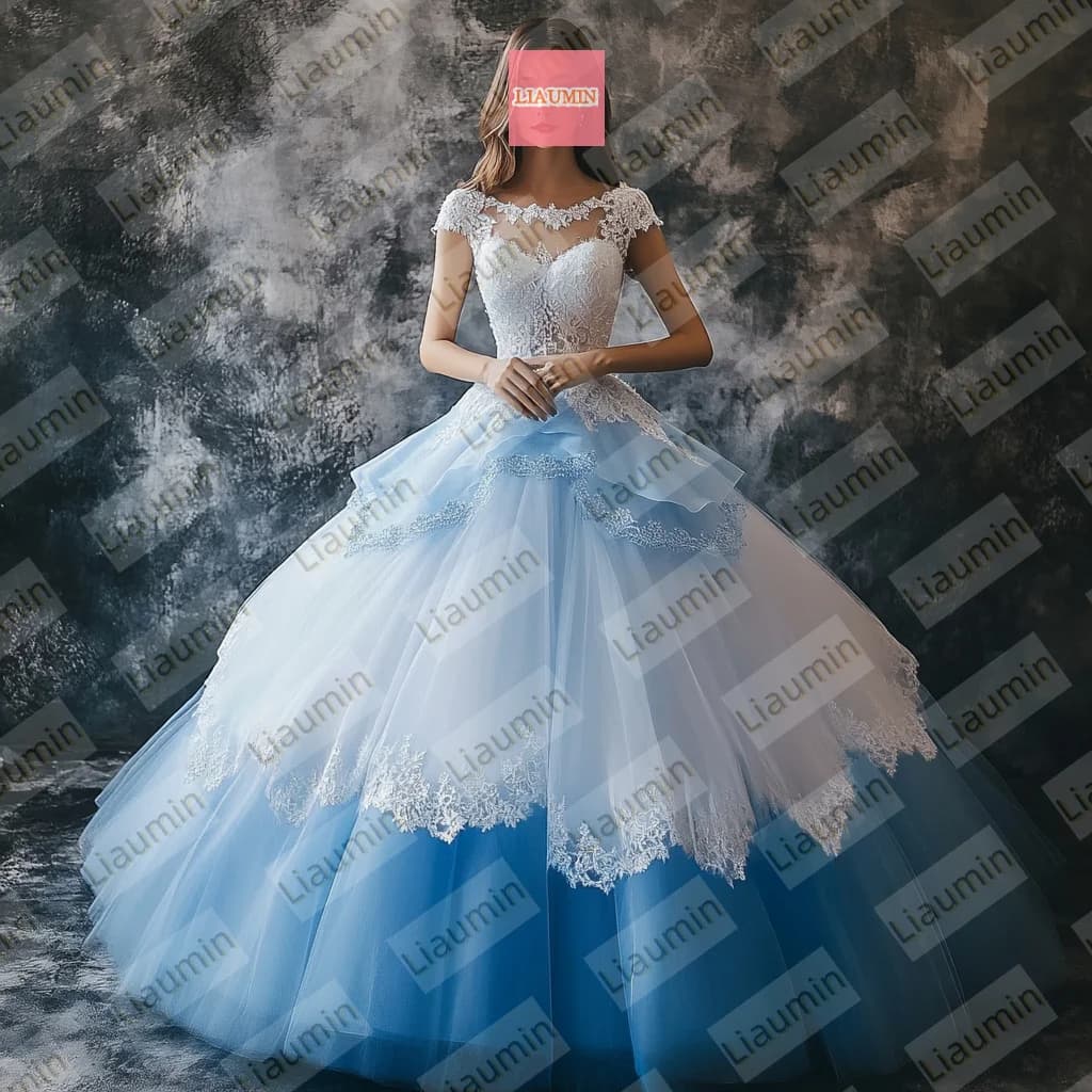 Abito da ballo con lacci a maniche corte in tulle con applicazioni in pizzo bianco e blu, abito da sera, gonna da ballo formale da sposa, personalizzato W19-21.10