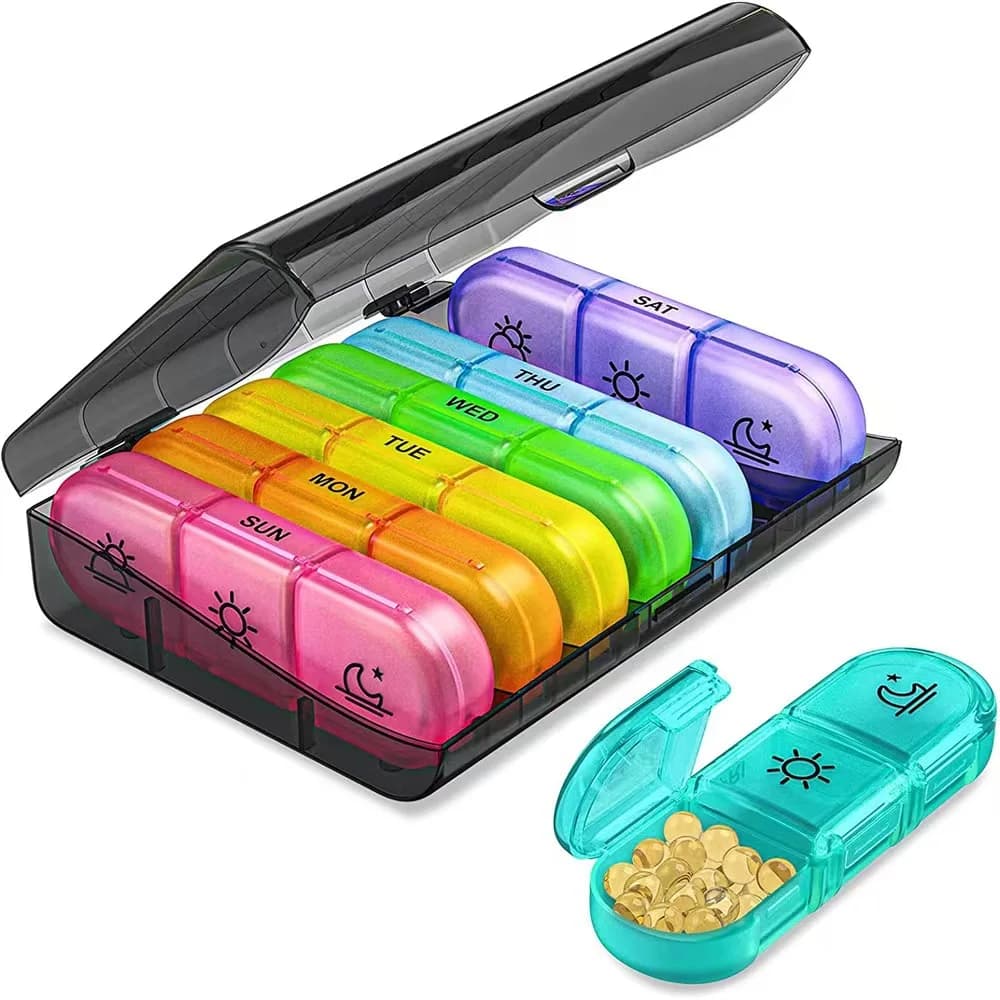 Set da 1 Contenitore Portatile per Pillole da Viaggio, Scatola Porta Pillole da 7 Giorni con Grandi Scomparti per Vitamine, Medicinali, Oli di Pesce